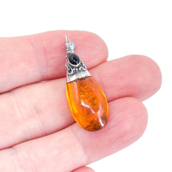 Vintage Sterling Silver 925 Amber Onyx Teardrop Pendant - Picture 1 of 6